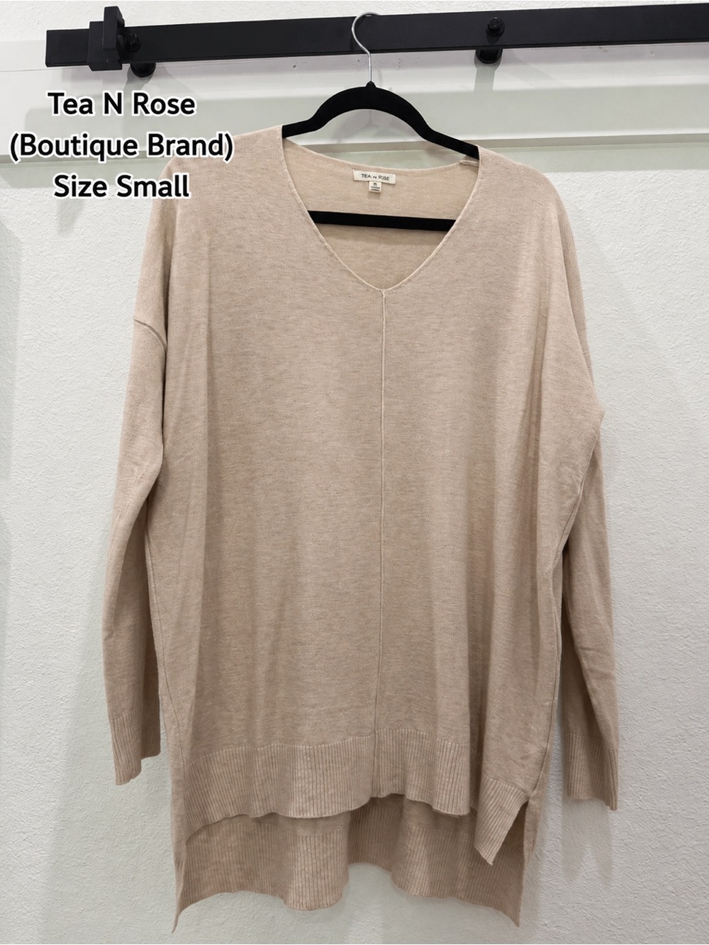 tea n rose Beige Relaxed V-Neck Pullover Sweater